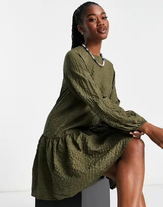 Pieces Darala drop hem smock mini dress in khaki