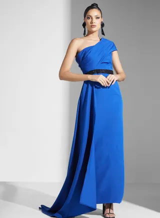 One Shoulder Draped Dress With Embellished Waist