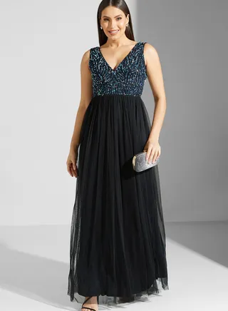Hadia Ghaleb Shimmer V Neck Dress
