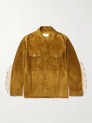 Faux Pearl-Embellished Fringed Brushed-Suede Trucker Jacket