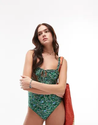 Topshop meadow print frill trim swimsuit in green