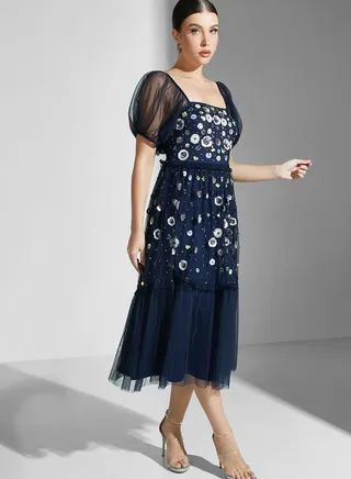 Square Neck Printed Ruffle Detail Dress
