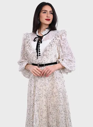 Mesh Detail Belted Dress