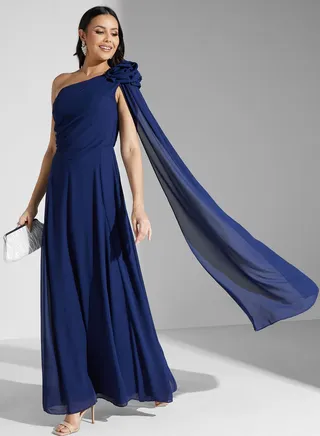 One Shoulder Floral Applique Dress