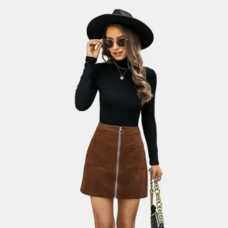 Women's Corduroy Pull Zip Mini Skirt - Cupshe -Brown-M