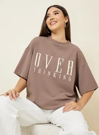 Oversized Textured Contrast Slogan Print Drop Shoulder T-Shirt