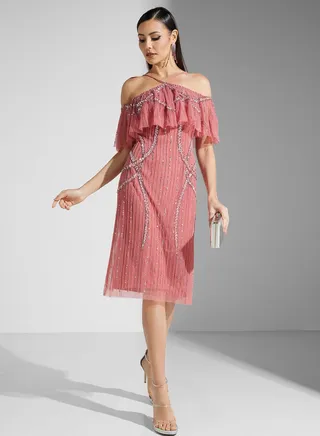 Off Shouldered Embellished Dress