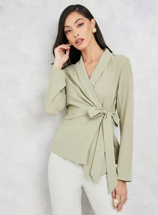 Lapel Collared Long Sleeve Wrap Top