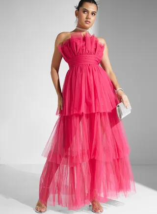 Bardot Ruched Waist Ruffle Dress