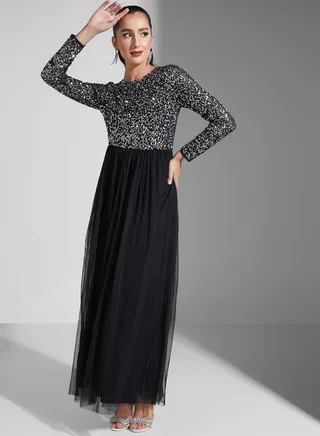 Sequined Bodice Mesh Dress