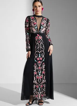 Mesh Detail Printed Dress