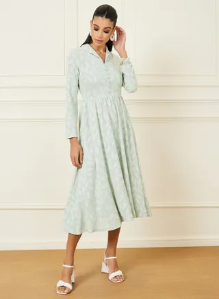 Burnout Texture Button Detail A-Line Midi Dress