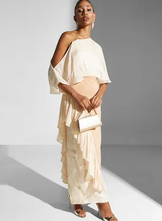 Zena Louay One Shoulder Color Block Dress With Ruffles