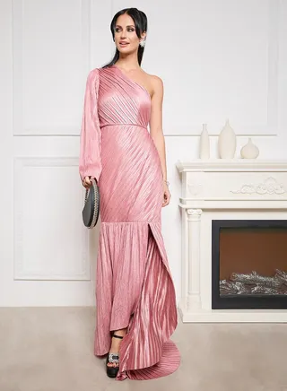 Fitted Plisse One Shoulder Draped Maxi Dress