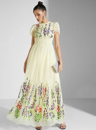 Floral Embroidered Mesh Detail Dress