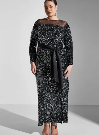 Mesh Detail Belt Detail Side Slit Dress