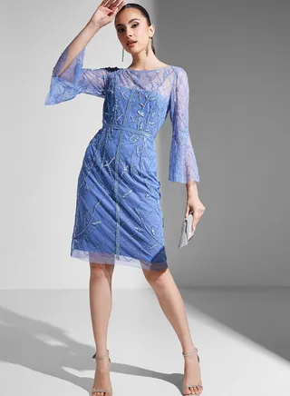 Mesh Flute Sleeve Embroidered Dress