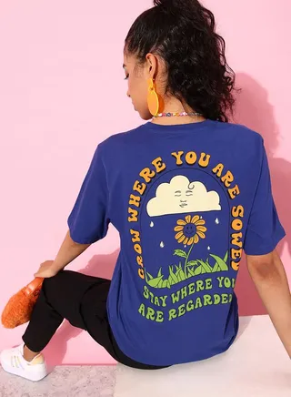 Oversized Back Slogan Print Longline T-Shirt with Short Sleeves