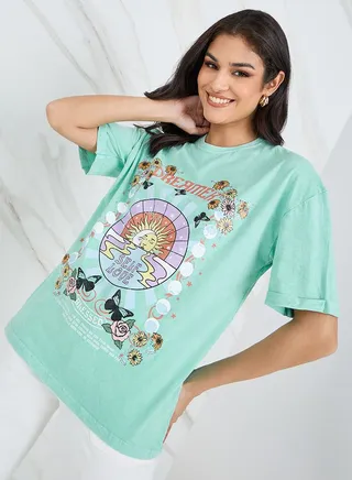 Oversized Acid Wash Dreamer Graphic Longline T-Shirt