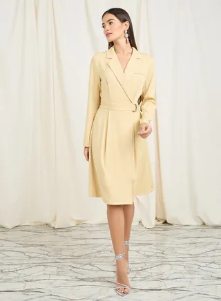 Solid Belted Knee Length Blazer Dress