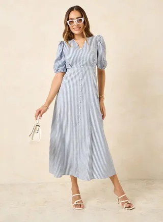 Pinstripe Puff Sleeves A-Line Maxi Dress