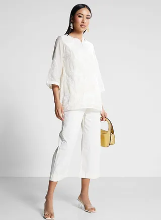 Mesh Embroidered Kurti & Pants Set