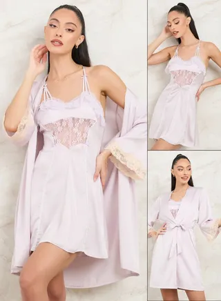 Pack of 2 - Satin Ruffle Apex Detail Slip Dress & Robe