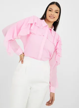 Ruffled Boxy Fit Shirt with Concealed Placket