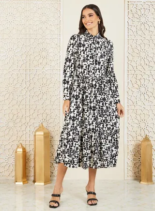 Geometric Print Tiered Shirt Midi Dress