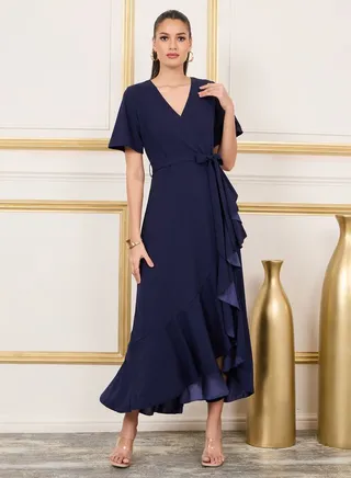 Solid Ruffle Hem Wrap Maxi Dress