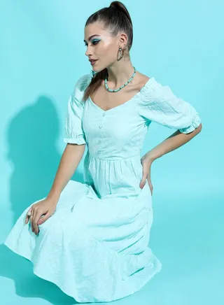 Embroidered V Neck Tiered Midi Dress