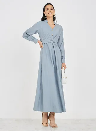 Textured Wrap Tie Belt A-Line Maxi Dress