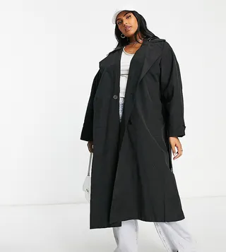 ASOS DESIGN Curve trench coat with faux leather hood in black