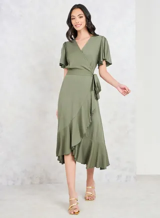 Ruffle Asymmetric Hem Wrap Midi Dress