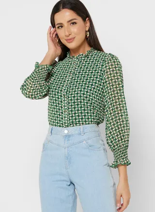 High Neck Cuff Mesh Sleeve Printed Top