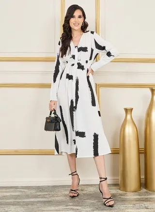 Abstract Print Smocked Waist Shirt Midi Dress