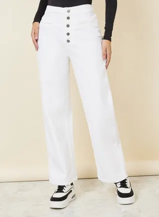 Multi Button Placket Wide Leg High Rise Jeans