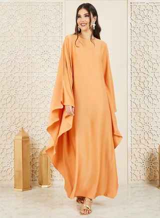 Solid Round Neck Batwing Sleeves Jalabiya