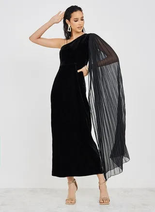 One Shoulder Neck Sheath Maxi Dress with Pleated Cape