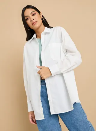 Solid Longline Oversized Shirt with Patch Pocket