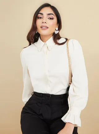 Faux Pearl Detail Concealed Placket Regular Fit Shirt