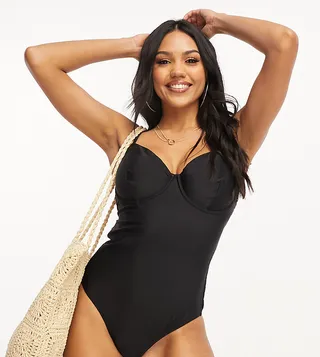 Ivory Rose Fuller Bust underwired swimsuit with tie up shoulder in black