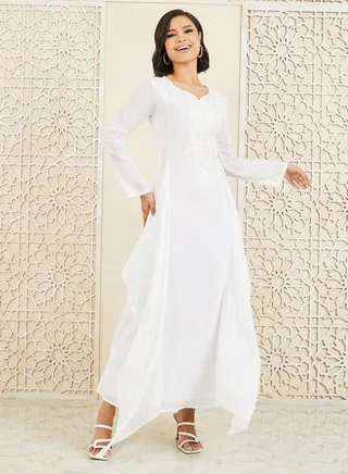 Embroidered Neck Side Overlay A-Line Maxi Dress