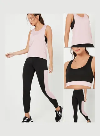 Pack of 3 - Colorblock Sports Bra with Vest and Leggings Active Set
