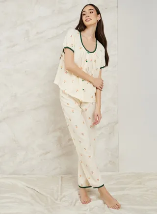 Button Detail Floral Textured Shirt & Pyjama Set
