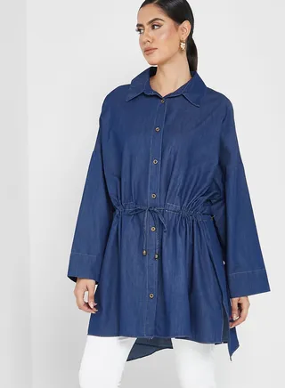 Ruched Waist Denim Shirt