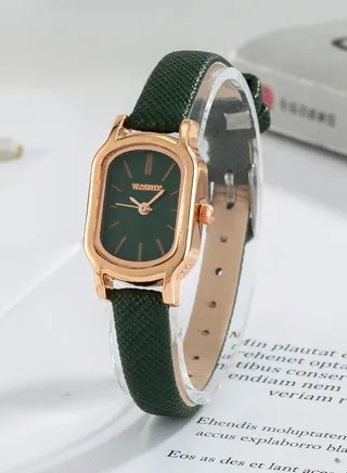 Dark Green Rectangle Leather Strap Analog Watch