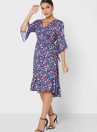 Frill Detail Wrap Printed Dress