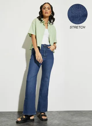 High Rise Side Slit Flared Jeans