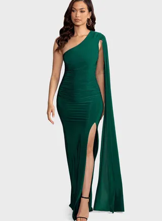 One Shoulder Flared Sleeve Side Slit Dress